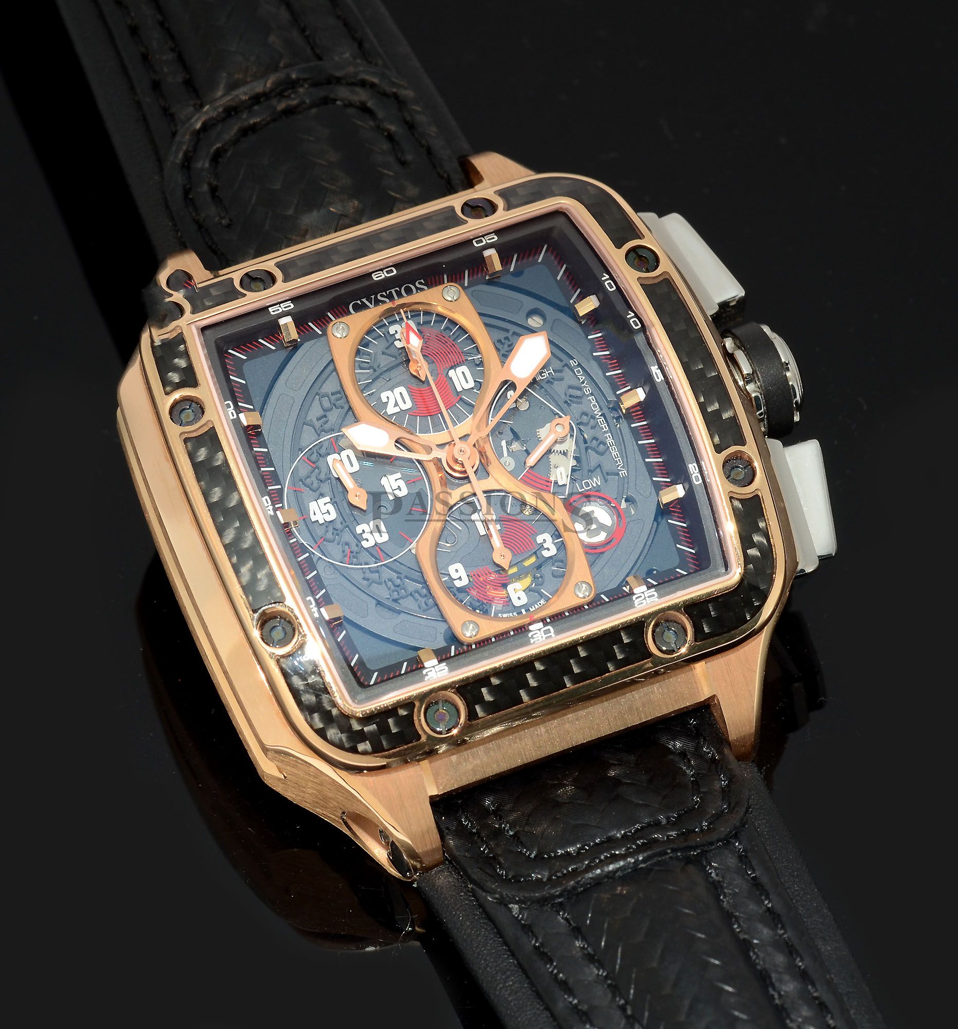 Custos, 45mm "Evosquare 45" semi-skeletonised Chronograph automatic date power reserve in 18KPG & Carbon+Boxes