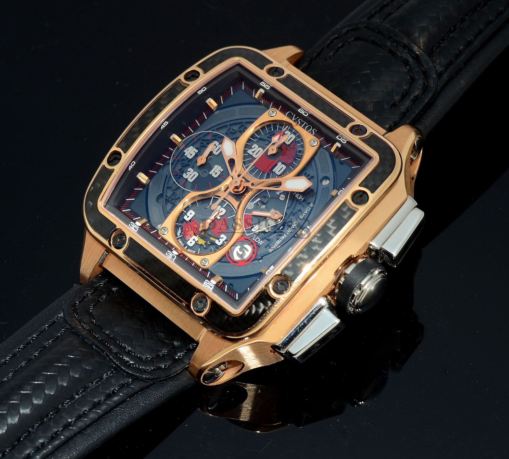 Custos, 45mm "Evosquare 45" semi-skeletonised Chronograph automatic date power reserve in 18KPG & Carbon+Boxes - Image 8