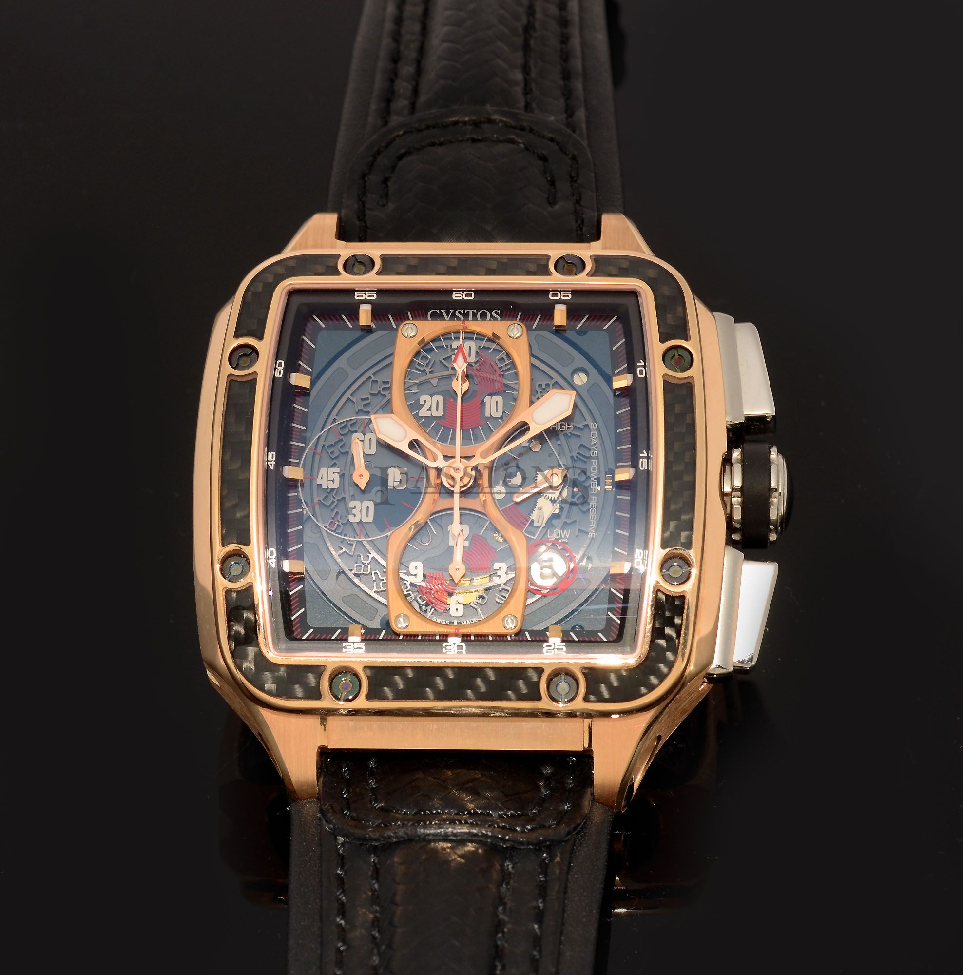 Custos, 45mm "Evosquare 45" semi-skeletonised Chronograph automatic date power reserve in 18KPG & Carbon+Boxes - Image 7