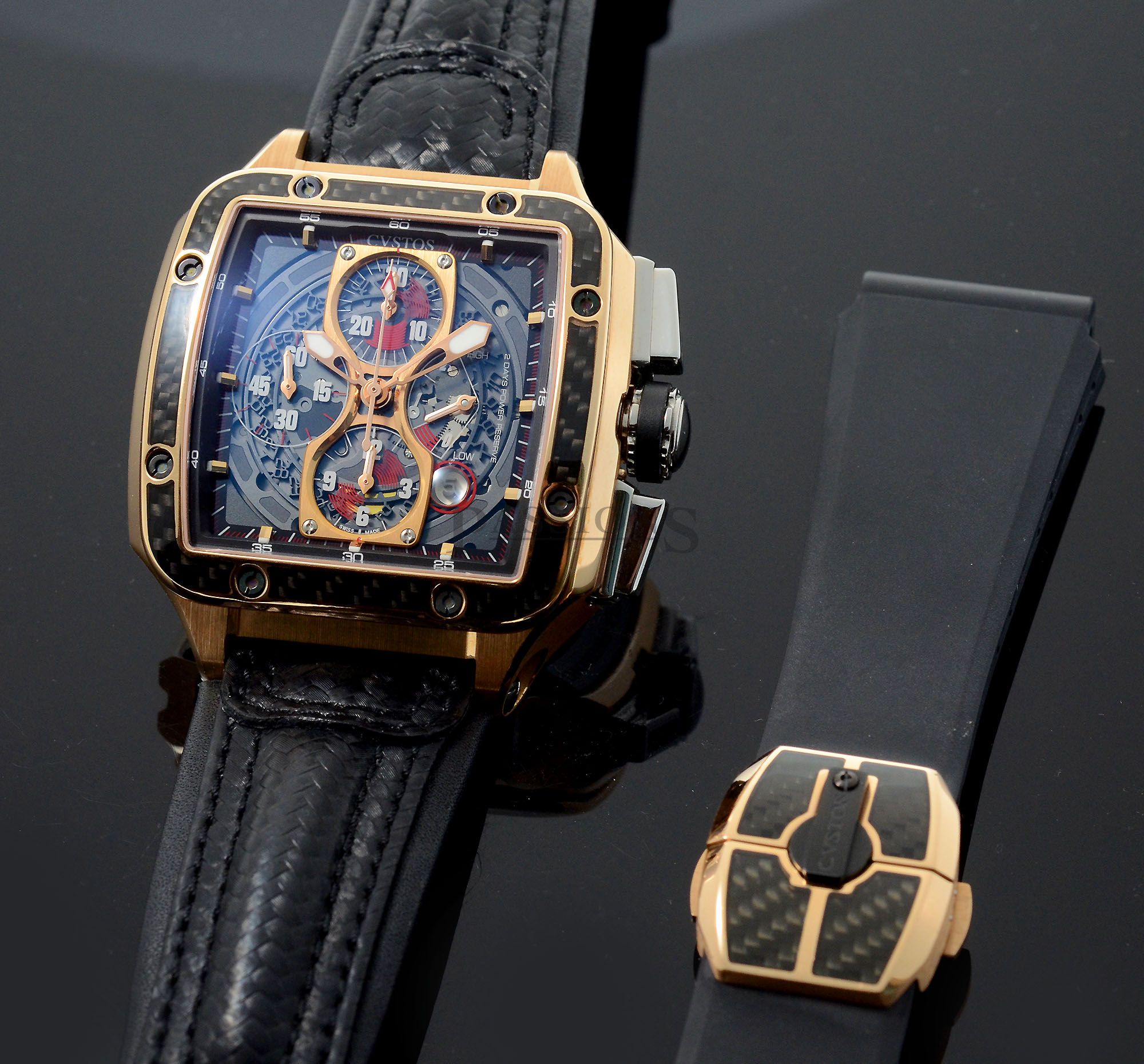 Custos, 45mm "Evosquare 45" semi-skeletonised Chronograph automatic date power reserve in 18KPG & Carbon+Boxes - Image 6