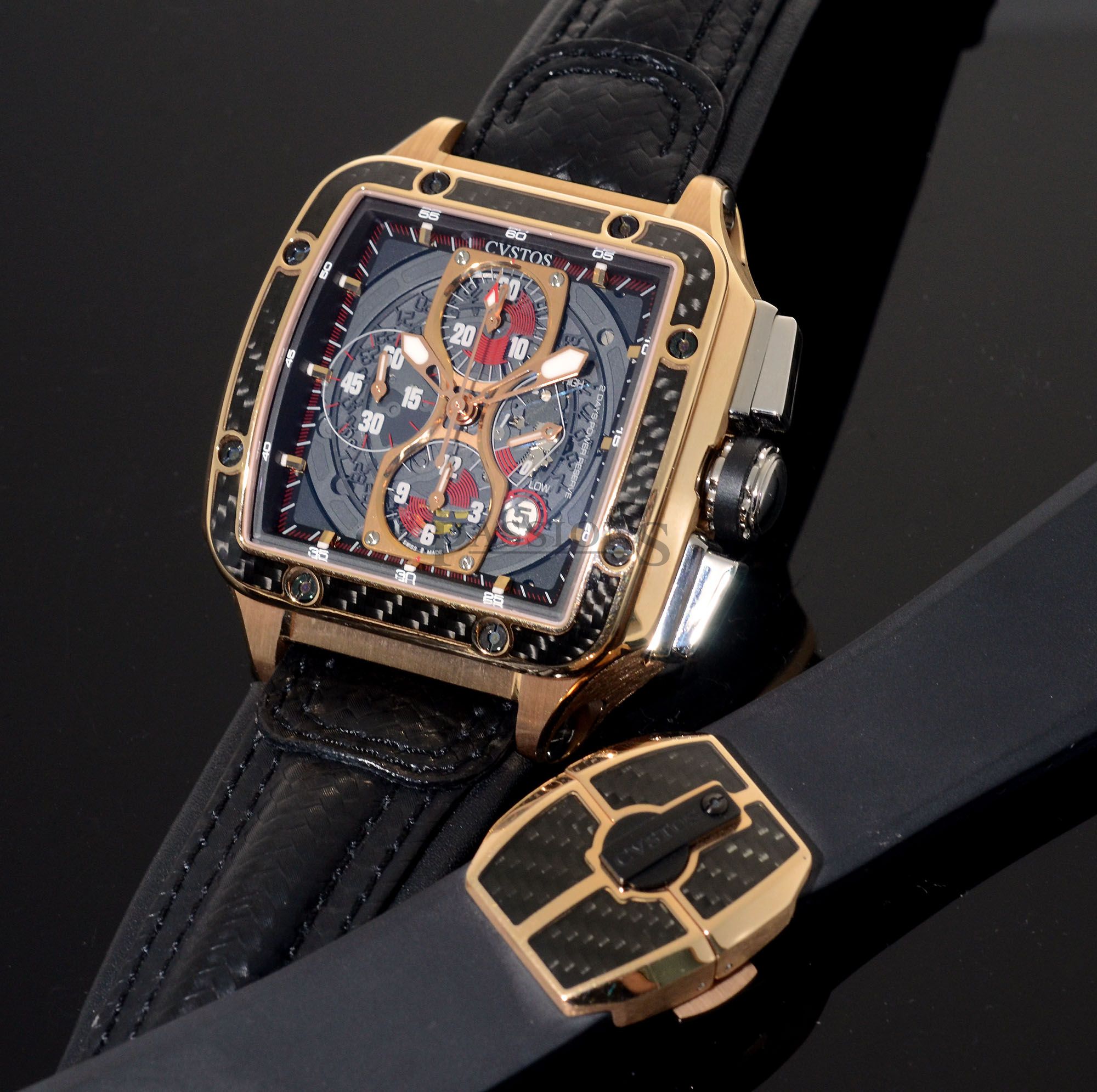 Custos, 45mm "Evosquare 45" semi-skeletonised Chronograph automatic date power reserve in 18KPG & Carbon+Boxes - Image 5